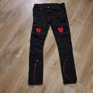 Focus Heartbreaker Black Red Distressed Denim Jeans Heart Paint Design 34WX32L